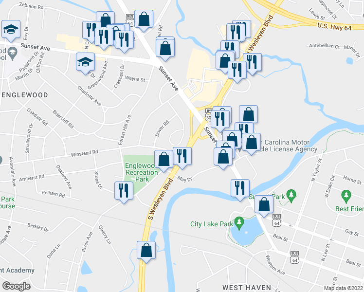 map of restaurants, bars, coffee shops, grocery stores, and more near 1136 Rosedale Avenue in Rocky Mount