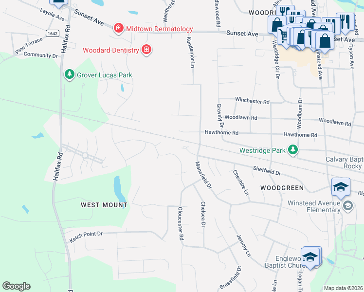 map of restaurants, bars, coffee shops, grocery stores, and more near 4017 Hawthorne Rd in Rocky Mt