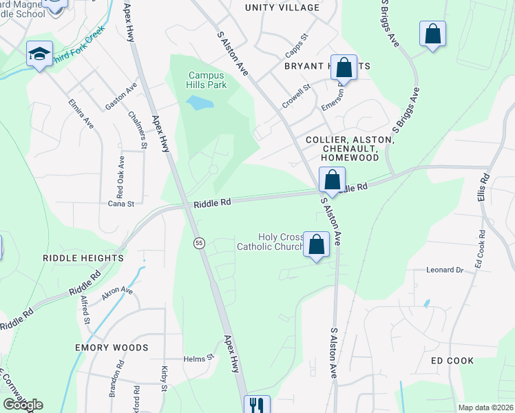 map of restaurants, bars, coffee shops, grocery stores, and more near 2010 Riddle Road in Durham