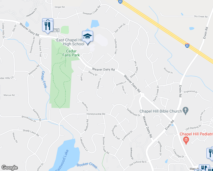 map of restaurants, bars, coffee shops, grocery stores, and more near 105 Millbrae Lane in Chapel Hill