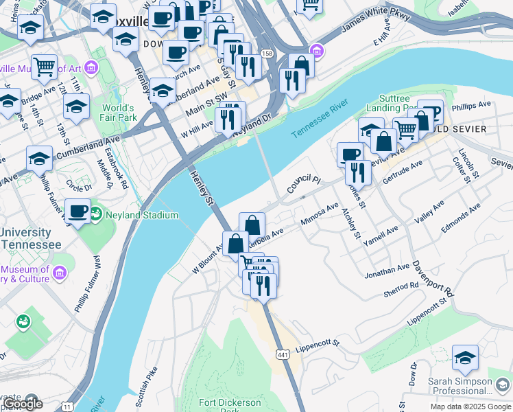 map of restaurants, bars, coffee shops, grocery stores, and more near 101 East Blount Avenue in Knoxville
