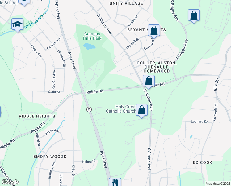 map of restaurants, bars, coffee shops, grocery stores, and more near 2010 Riddle Road in Durham