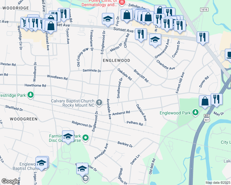 map of restaurants, bars, coffee shops, grocery stores, and more near 608 Smallwood Drive in Rocky Mount