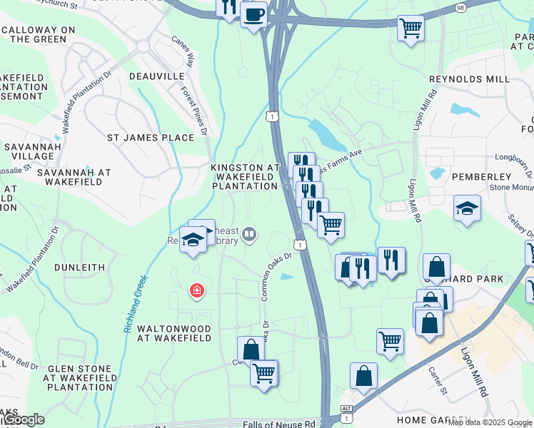 map of restaurants, bars, coffee shops, grocery stores, and more near 11731 Mezzanine Drive in Raleigh
