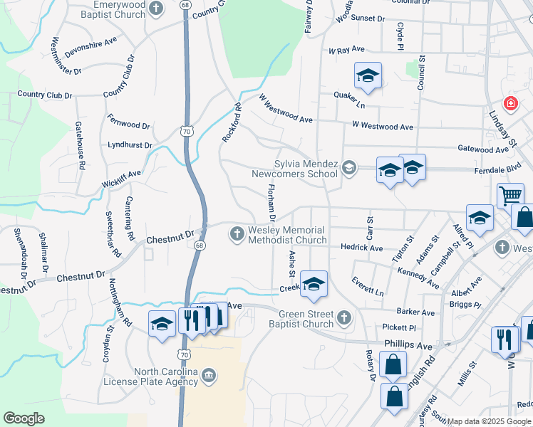 map of restaurants, bars, coffee shops, grocery stores, and more near 708 Florham Drive in High Point