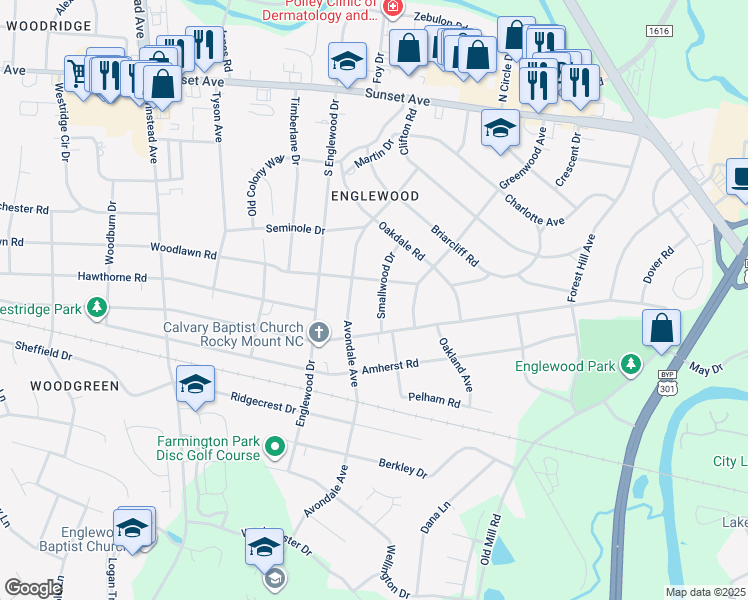 map of restaurants, bars, coffee shops, grocery stores, and more near 608 Smallwood Drive in Rocky Mount