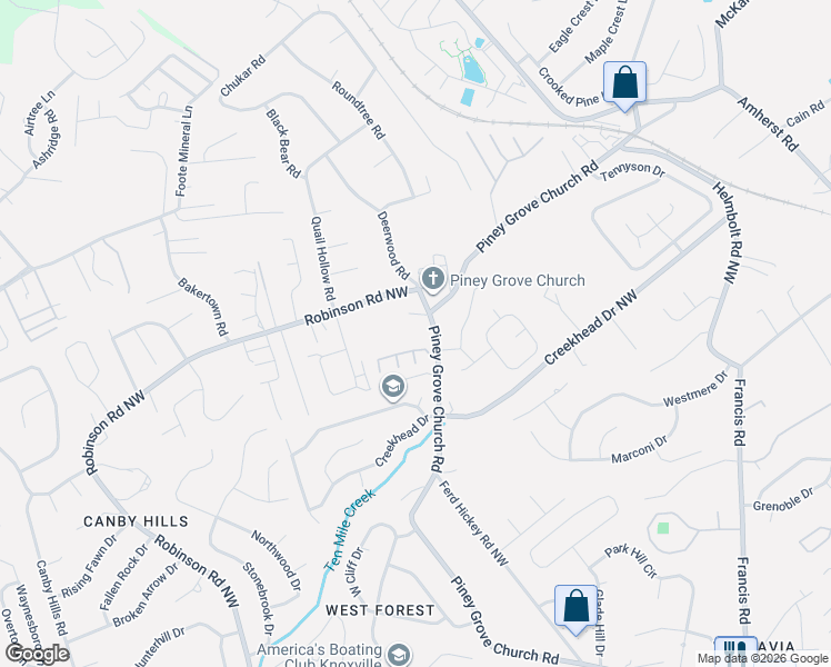 map of restaurants, bars, coffee shops, grocery stores, and more near 2037 Piney Grove Church Road in Knoxville