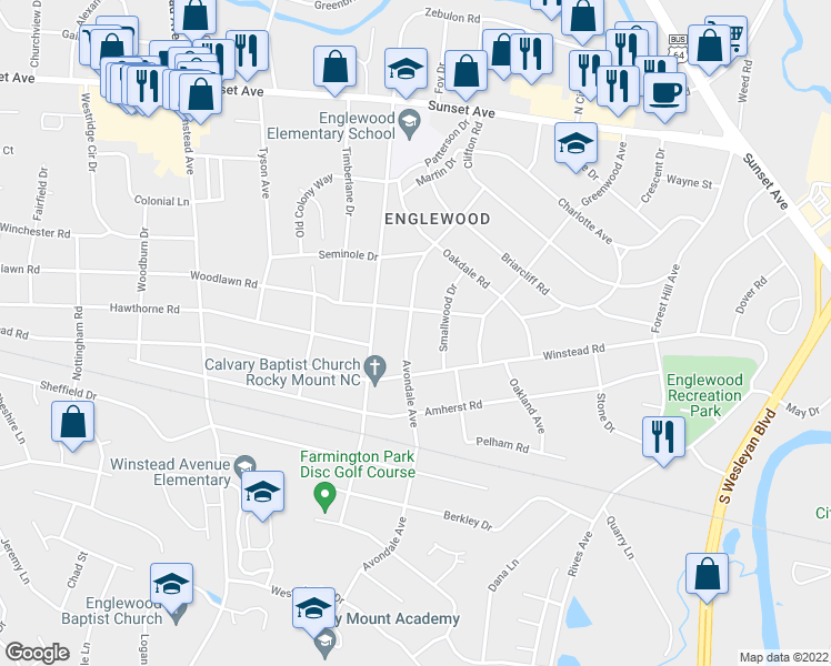 map of restaurants, bars, coffee shops, grocery stores, and more near 609 Avondale Avenue in Rocky Mount