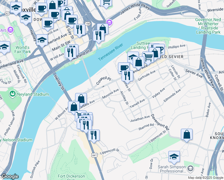 map of restaurants, bars, coffee shops, grocery stores, and more near 522 Sevier Avenue in Knoxville