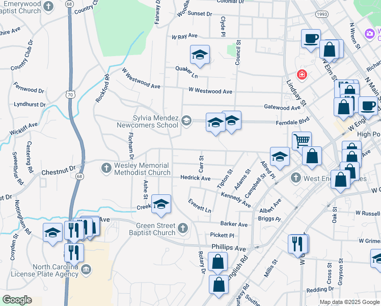 map of restaurants, bars, coffee shops, grocery stores, and more near 709 Chestnut Drive in High Point