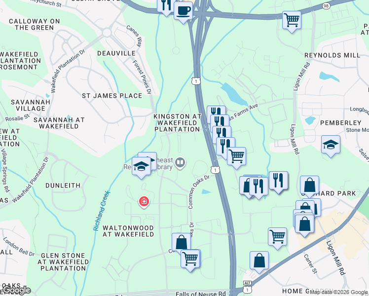 map of restaurants, bars, coffee shops, grocery stores, and more near 11700 Coppergate Drive in Raleigh