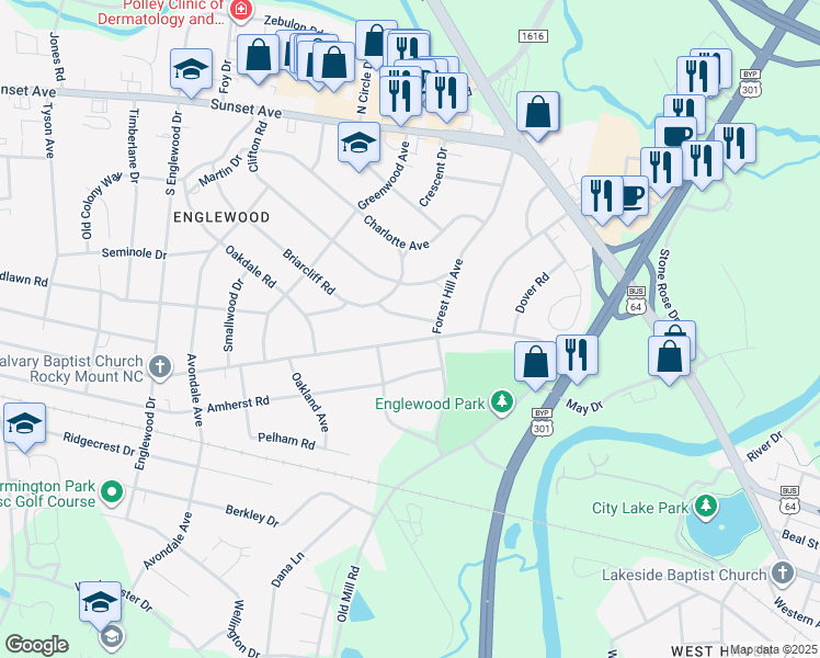 map of restaurants, bars, coffee shops, grocery stores, and more near 107 Plymouth Road in Rocky Mount