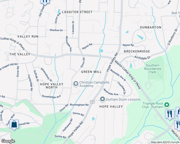 map of restaurants, bars, coffee shops, grocery stores, and more near 19 Green Mill Lane in Durham