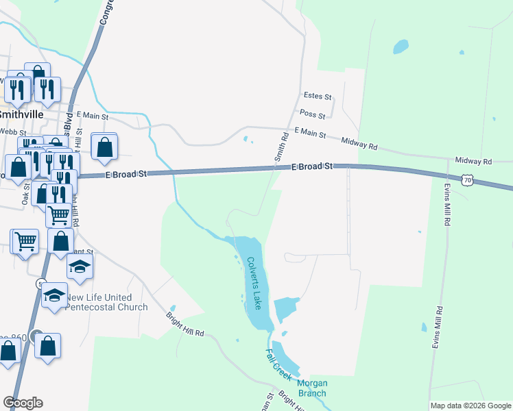 map of restaurants, bars, coffee shops, grocery stores, and more near 600-698 Colvert Lake Road in Smithville