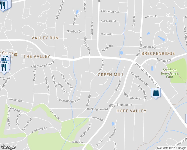 map of restaurants, bars, coffee shops, grocery stores, and more near 3500 Dixon Road in Durham