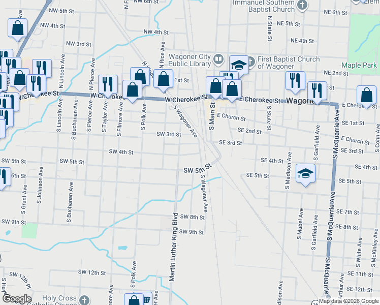 map of restaurants, bars, coffee shops, grocery stores, and more near 202 West Dunlap Street in Wagoner