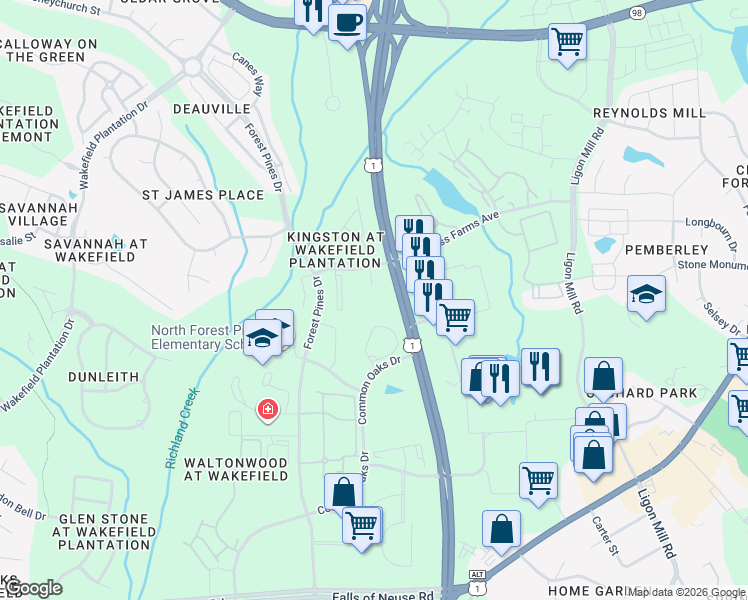 map of restaurants, bars, coffee shops, grocery stores, and more near 11731 Mezzanine Drive in Raleigh
