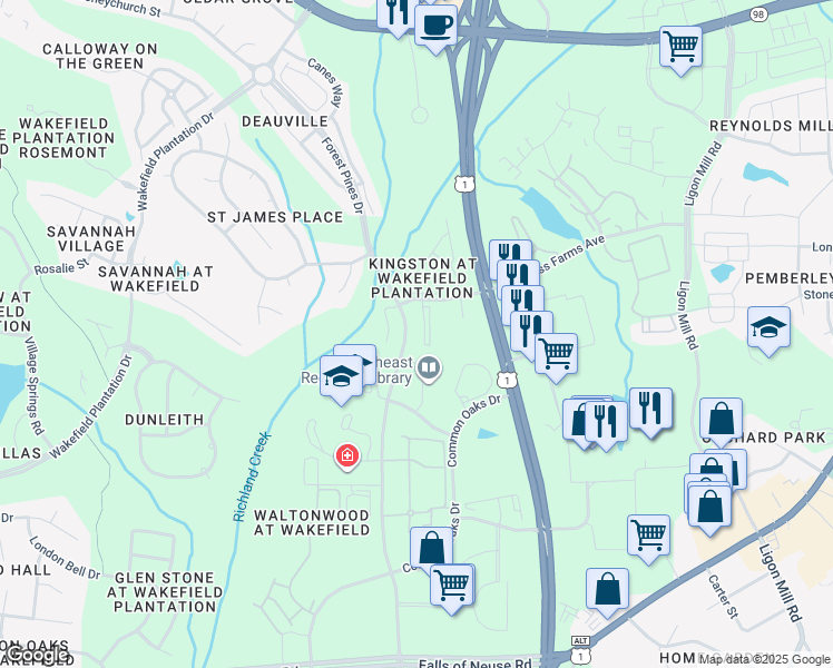 map of restaurants, bars, coffee shops, grocery stores, and more near 11711 Coppergate Drive in Raleigh