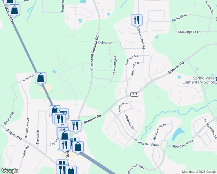 map of restaurants, bars, coffee shops, grocery stores, and more near 216 Callandale Lane in Durham