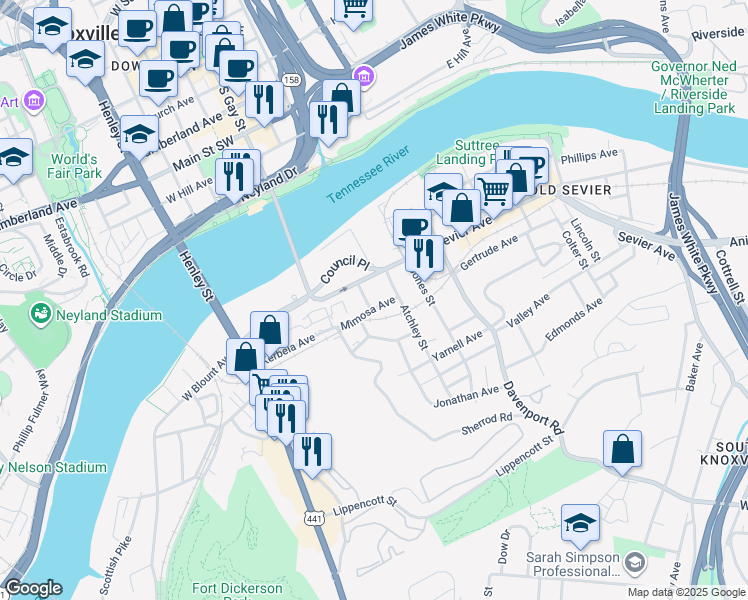 map of restaurants, bars, coffee shops, grocery stores, and more near 522 Sevier Avenue in Knoxville