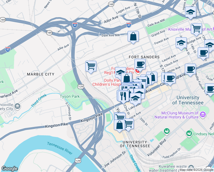 map of restaurants, bars, coffee shops, grocery stores, and more near 2223 Laurel Avenue in Knoxville