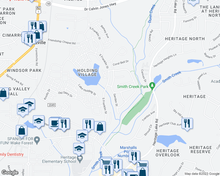 map of restaurants, bars, coffee shops, grocery stores, and more near 804 Meadow Flowers Avenue in Wake Forest
