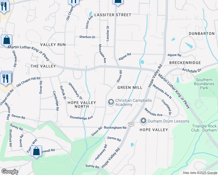 map of restaurants, bars, coffee shops, grocery stores, and more near 3500 Dixon Road in Durham