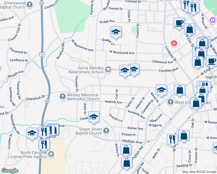 map of restaurants, bars, coffee shops, grocery stores, and more near 713 Chestnut Drive in High Point