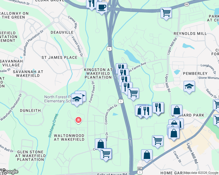 map of restaurants, bars, coffee shops, grocery stores, and more near 11731 Mezzanine Drive in Raleigh