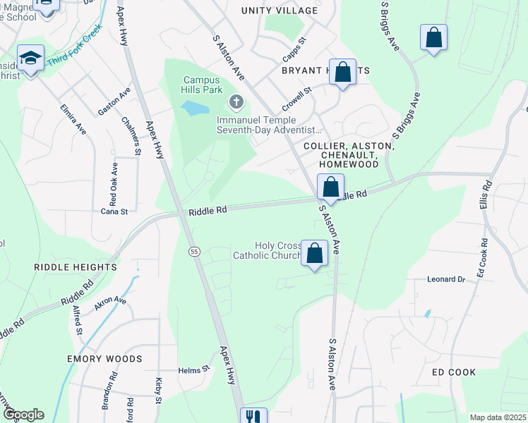 map of restaurants, bars, coffee shops, grocery stores, and more near 2010 Riddle Road in Durham