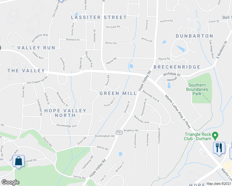 map of restaurants, bars, coffee shops, grocery stores, and more near 19 Green Mill Lane in Durham