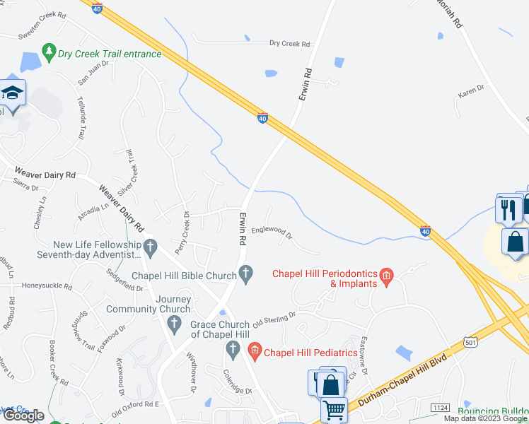 map of restaurants, bars, coffee shops, grocery stores, and more near 105 Woodmark Court in Chapel Hill