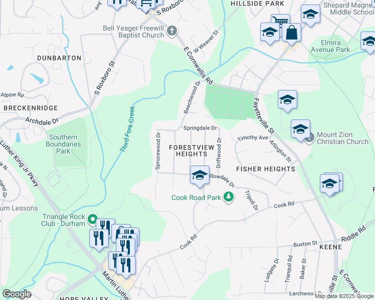 map of restaurants, bars, coffee shops, grocery stores, and more near 2906 Kanewood Drive in Durham