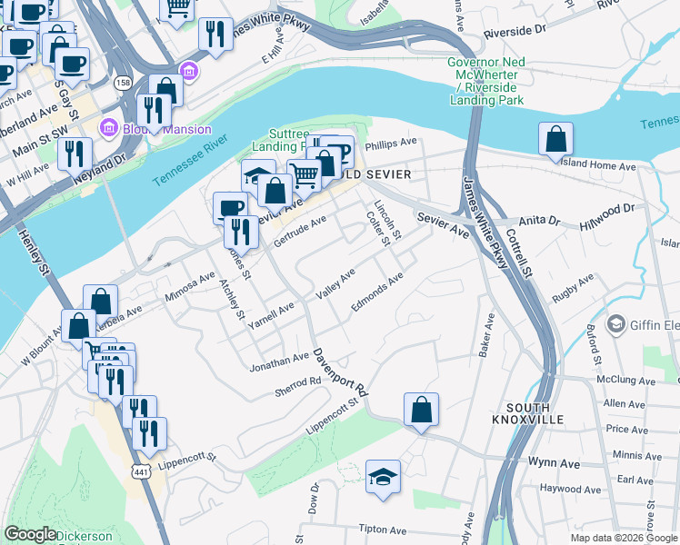 map of restaurants, bars, coffee shops, grocery stores, and more near 1025 Valley Avenue in Knoxville