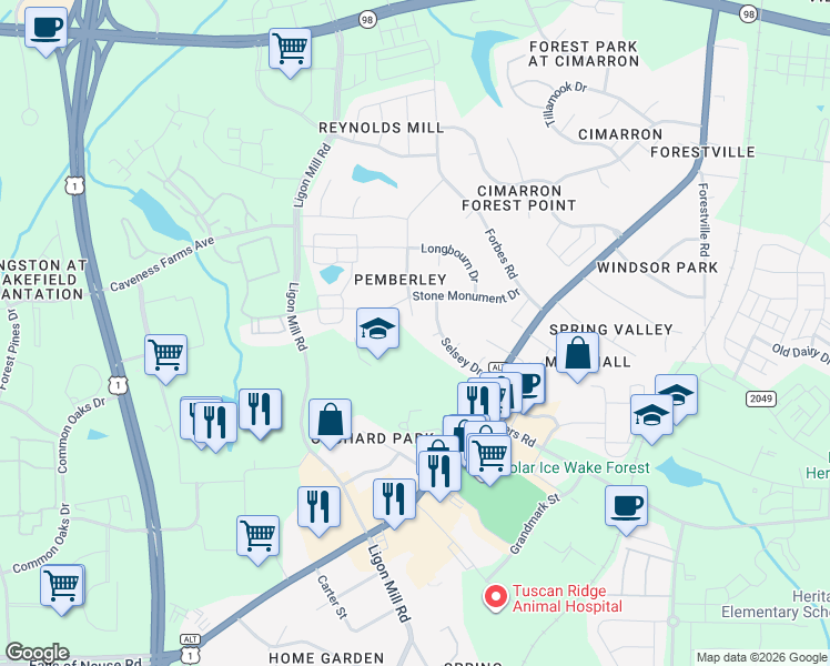 map of restaurants, bars, coffee shops, grocery stores, and more near 1741 Grace Church Street in Wake Forest