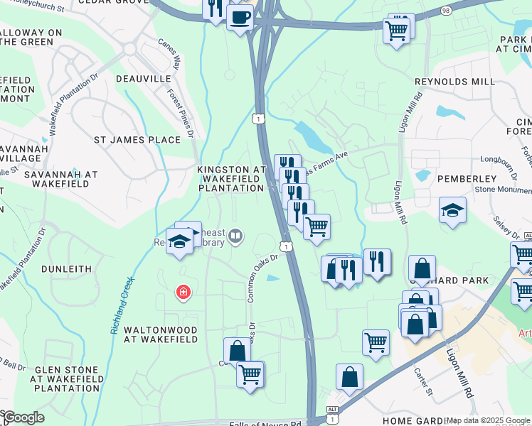 map of restaurants, bars, coffee shops, grocery stores, and more near in Wake Forest