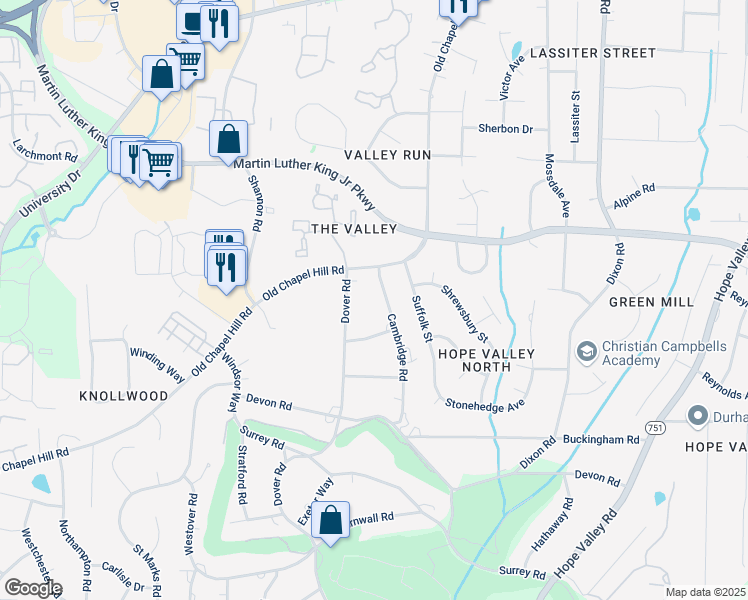 map of restaurants, bars, coffee shops, grocery stores, and more near 3414 Cambridge Road in Durham