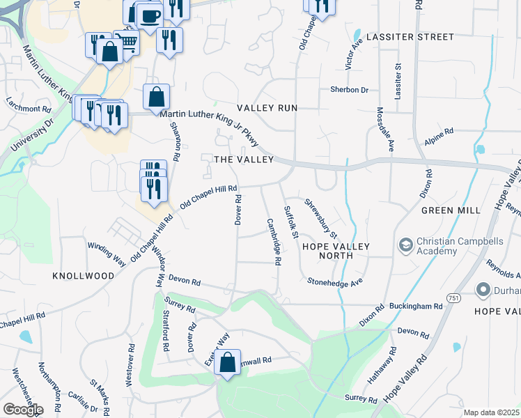map of restaurants, bars, coffee shops, grocery stores, and more near 3414 Cambridge Road in Durham