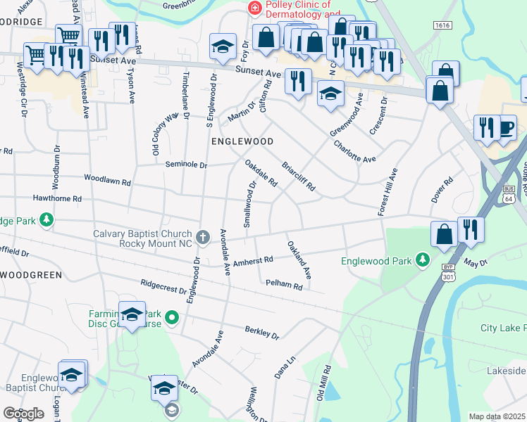 map of restaurants, bars, coffee shops, grocery stores, and more near 604 Greenwood Avenue in Rocky Mount