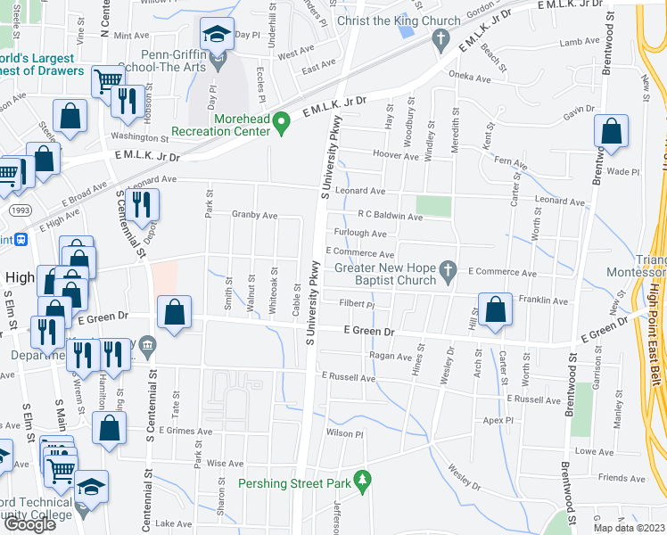 map of restaurants, bars, coffee shops, grocery stores, and more near 1205 Vernon Place in High Point