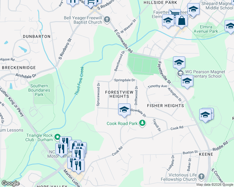 map of restaurants, bars, coffee shops, grocery stores, and more near 2906 Kanewood Drive in Durham