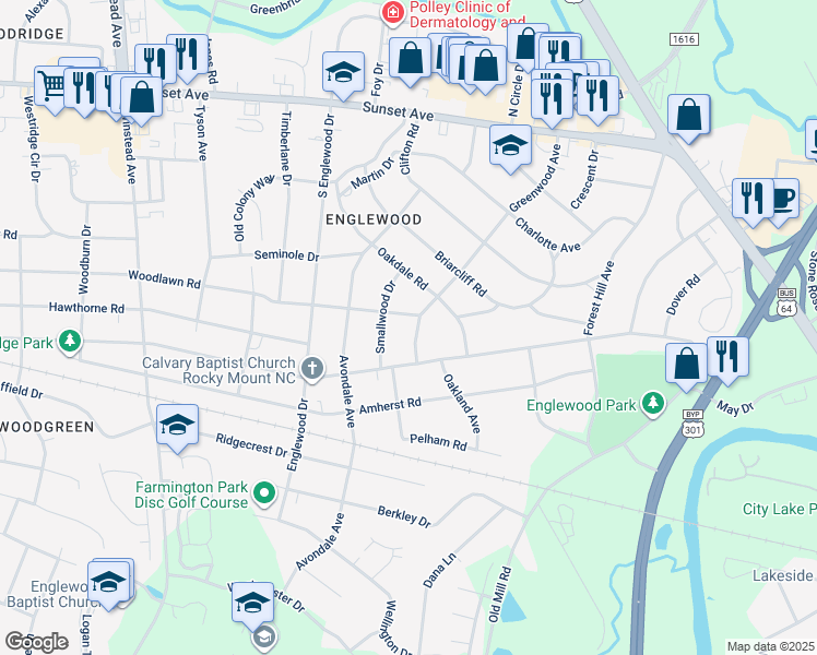 map of restaurants, bars, coffee shops, grocery stores, and more near 604 Greenwood Avenue in Rocky Mount