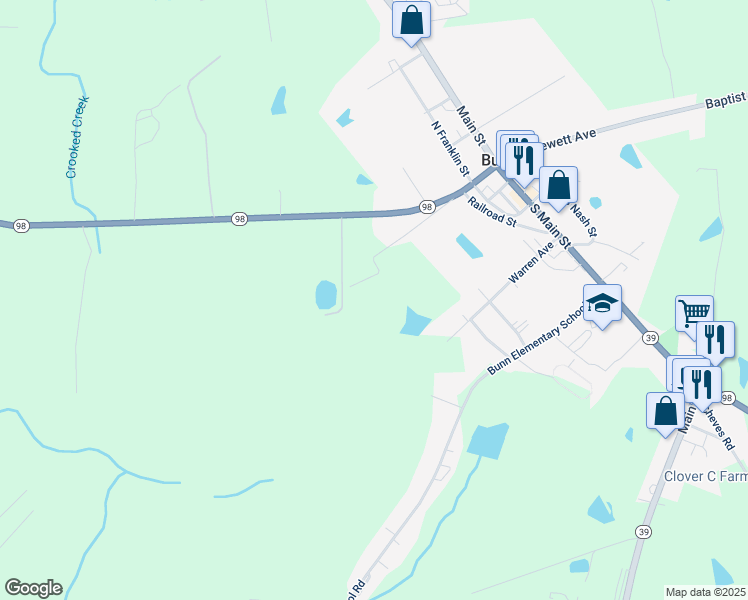 map of restaurants, bars, coffee shops, grocery stores, and more near in Bunn