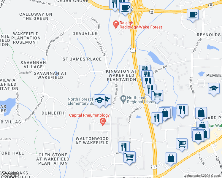 map of restaurants, bars, coffee shops, grocery stores, and more near 14317 Foxcroft Road in Raleigh