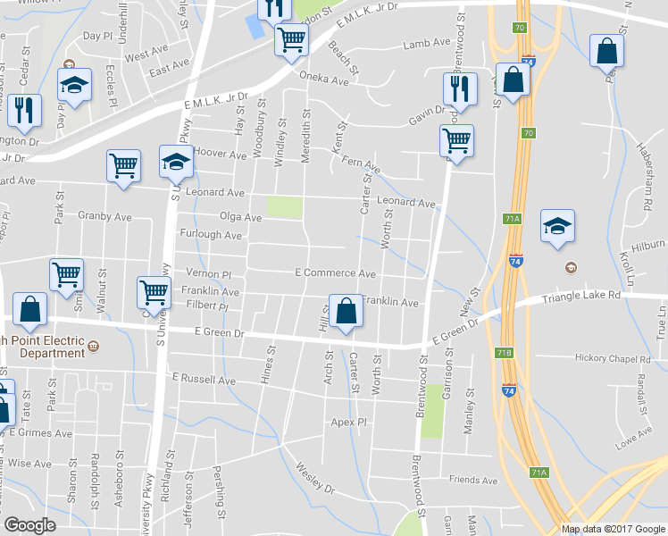 map of restaurants, bars, coffee shops, grocery stores, and more near 1513 East Commerce Avenue in High Point