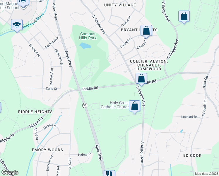 map of restaurants, bars, coffee shops, grocery stores, and more near 2010 Riddle Road in Durham