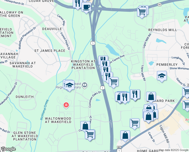 map of restaurants, bars, coffee shops, grocery stores, and more near in Wake Forest
