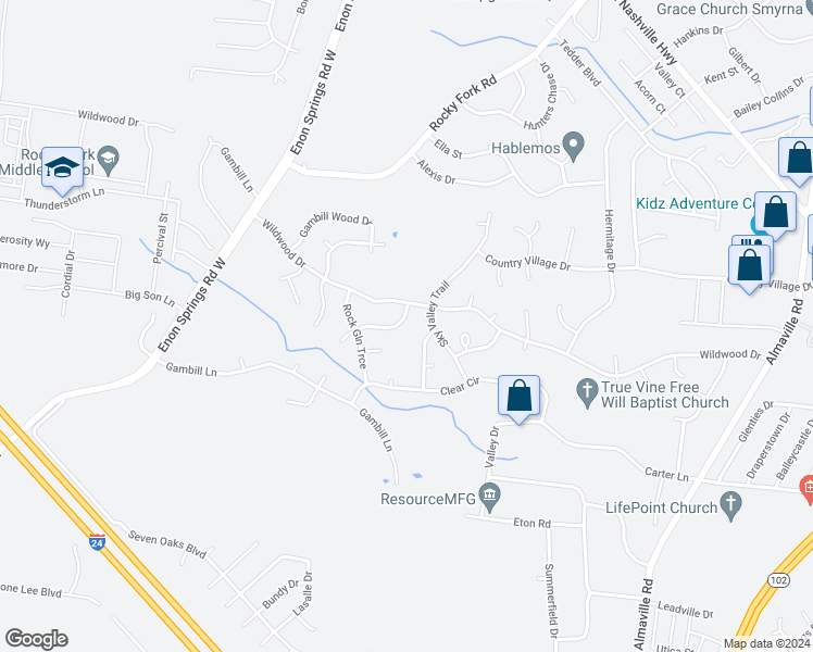map of restaurants, bars, coffee shops, grocery stores, and more near 1107 Emma May Point in Smyrna