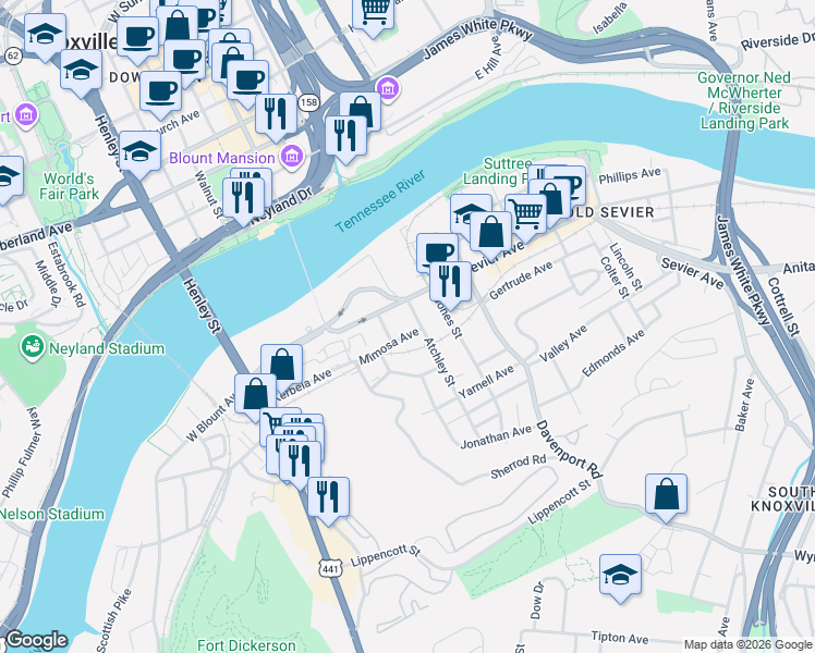 map of restaurants, bars, coffee shops, grocery stores, and more near 522 Sevier Avenue in Knoxville