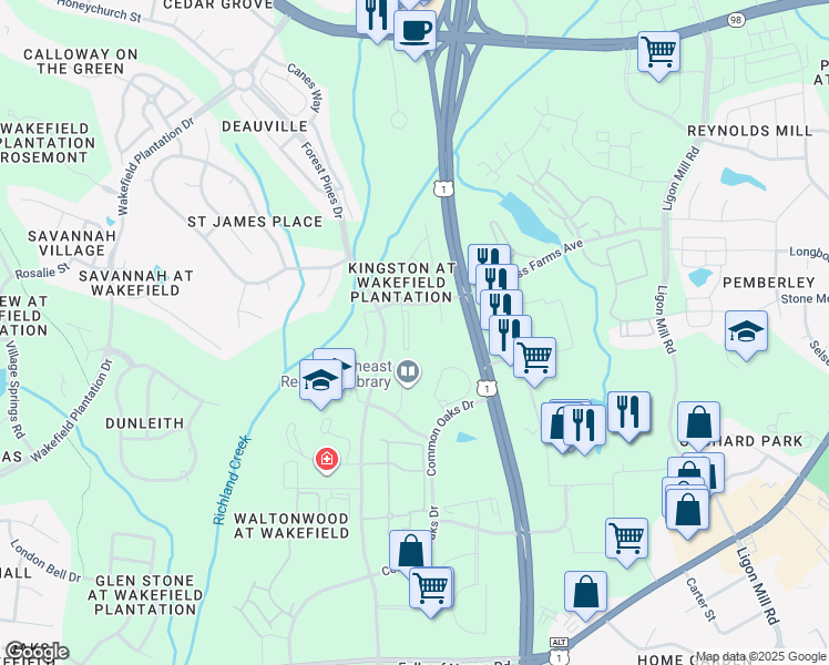map of restaurants, bars, coffee shops, grocery stores, and more near 11710 Coppergate Drive in Raleigh